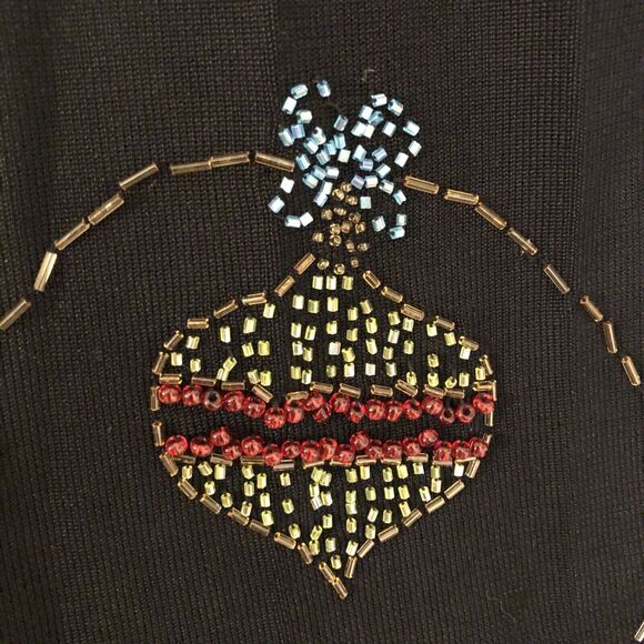 Black Slinky Knit Beaded Shirt Christmas Balls Ornaments Long Sleeve Size Medium - Picture 9 of 16